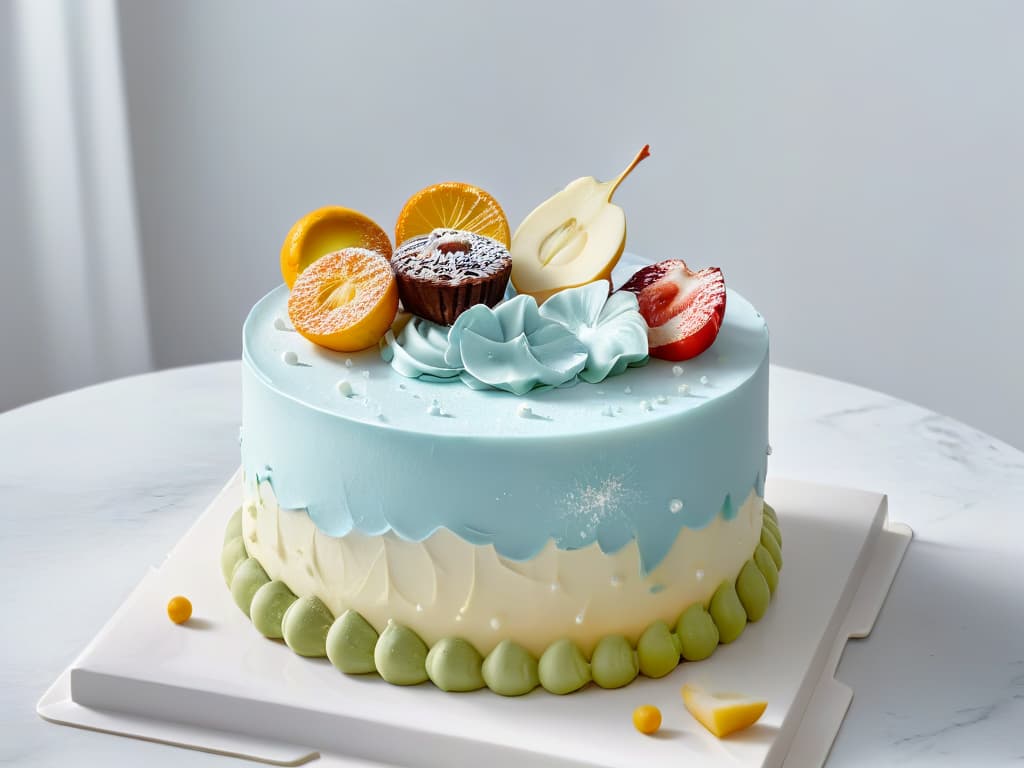  A beautifully minimalist image of a pristine white fondant cake, perfectly smooth and adorned with delicate, intricate piping details in pastel hues. The cake stands elegantly on a sleek marble countertop, with soft natural light illuminating the scene, casting gentle shadows that highlight the precision and artistry of the decoration. The simplicity of the composition and the exquisite craftsmanship of the cake evoke a sense of sophistication and mastery, appealing to the aspiring confectionery artist. hyperrealistic, full body, detailed clothing, highly detailed, cinematic lighting, stunningly beautiful, intricate, sharp focus, f/1. 8, 85mm, (centered image composition), (professionally color graded), ((bright soft diffused light)), volumetric fog, trending on instagram, trending on tumblr, HDR 4K, 8K