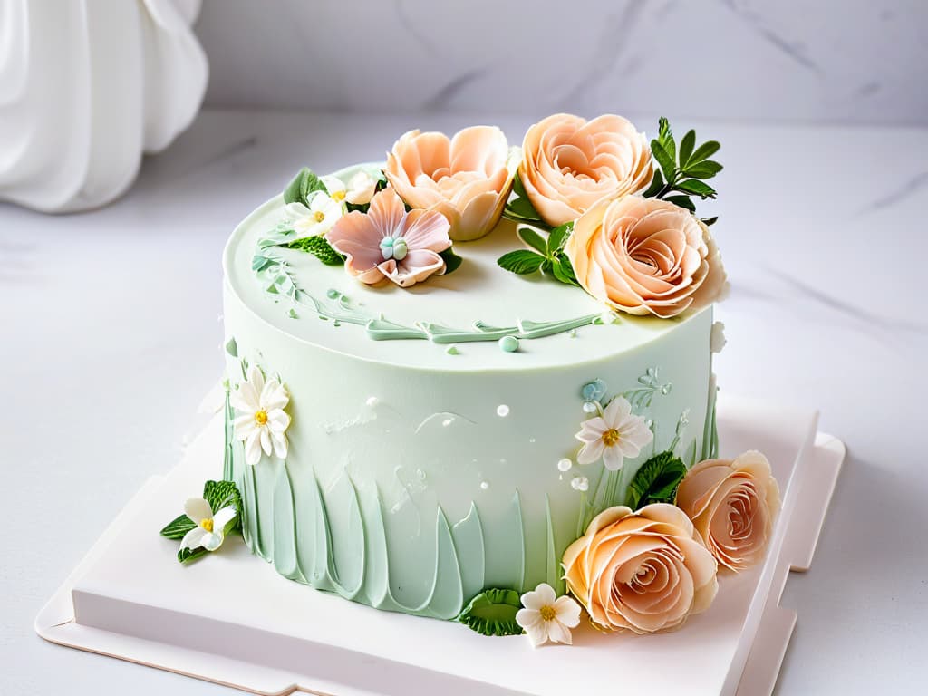  A closeup, ultradetailed image of a beautifully decorated glutenfree cake with intricate floral designs made from fondant, featuring delicate shades of pastel colors like blush pink, lavender, and mint green. The cake is elegantly displayed on a sleek, white marble countertop, creating a visually stunning and minimalist composition that exudes sophistication and modernity. The impeccable craftsmanship and attention to detail in the cake decoration make it a true work of art, appealing to both professional bakers and aspiring glutenfree pastry enthusiasts. hyperrealistic, full body, detailed clothing, highly detailed, cinematic lighting, stunningly beautiful, intricate, sharp focus, f/1. 8, 85mm, (centered image composition), (professionally color graded), ((bright soft diffused light)), volumetric fog, trending on instagram, trending on tumblr, HDR 4K, 8K