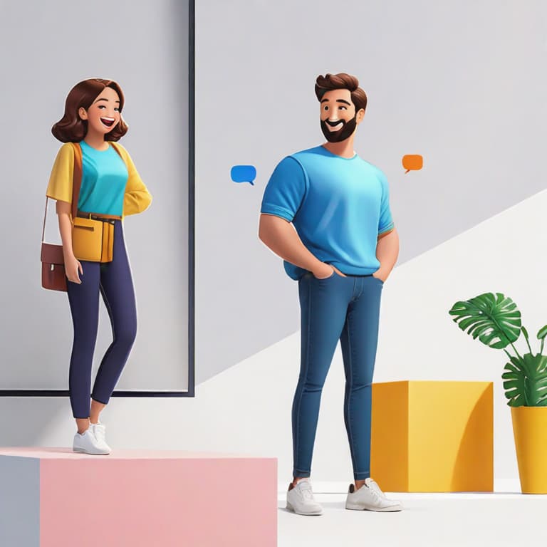  Image style: Realistic
Illustration style: Illustration
Character: A man and a woman
Place: Bright white background
Action: The man is standing on the left side of the screen, and the woman is sitting on the right side. They are chatting and laughing while using the chat app on the screen.
Speech Bubble: "Let's get closer through conversation."
Object Decoration: Colorful chat app interface on the screen
Facial expression: Smiling and joyful
Camera Style: Front view
Lighting Style: Bright and warm lighting.
Requirements:highly detailed, (best quality), highres, intricate details, Multi-Layered Textures, masterpiece. hyperrealistic, full body, detailed clothing, highly detailed, cinematic lighting, stunningly beautiful, intricate, sharp focus, f/1. 8, 85mm, (centered image composition), (professionally color graded), ((bright soft diffused light)), volumetric fog, trending on instagram, trending on tumblr, HDR 4K, 8K