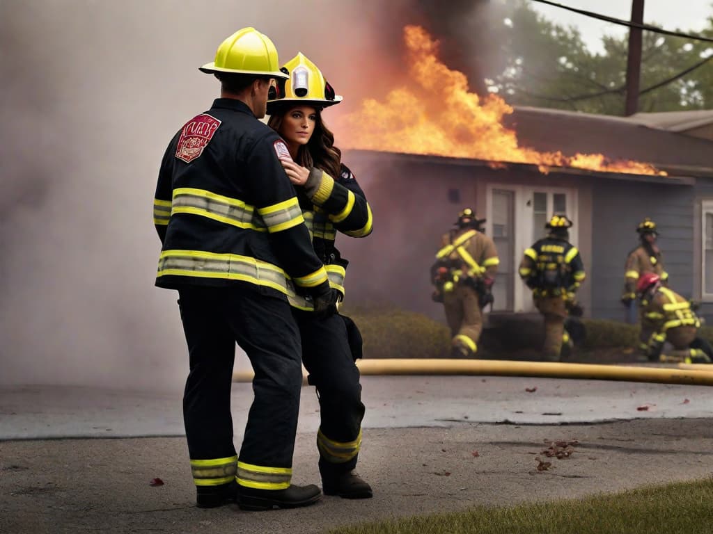  A firefighter from "911" tenderly carries a contestant from "The Bachelor" out of a smoky building, their eyes locked in a moment of unexpected romance as cameras and roses lay scattered on the ground, symbolizing a dramatic rescue that blurs the line between reality TV and heroism.digital art, ilustration hyperrealistic, full body, detailed clothing, highly detailed, cinematic lighting, stunningly beautiful, intricate, sharp focus, f/1. 8, 85mm, (centered image composition), (professionally color graded), ((bright soft diffused light)), volumetric fog, trending on instagram, trending on tumblr, HDR 4K, 8K