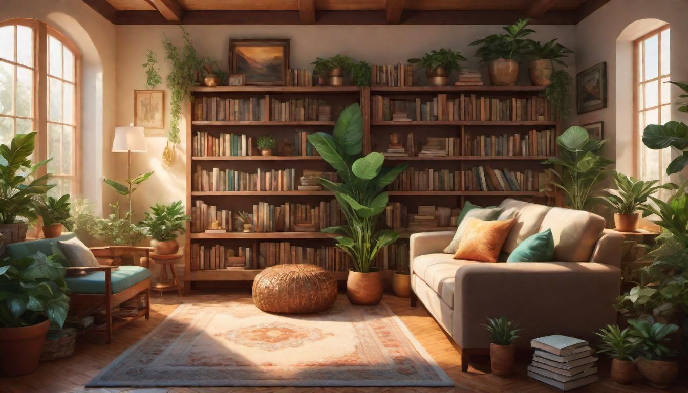  digital illustration, A cozy room filled with warm, ambient light, houseplants in every corner, bookshelves laden with spiritual texts, soft cushions, invitingly arranged, creating a sanctuary, supportive, nurturing environment, looking at viewer, dynamic pose, (intricate details, masterpiece, best quality)