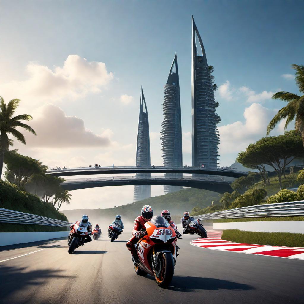  Create an image of a futuristic Race Island specifically designed for motorcycle racing. The setting should include intricate, floating highways that are raised high into the air. The design of the motorcycles should suggest advanced technology, possibly indicating they have anti-gravity capabilities. The highways need to appear challenging, with high loops, sharp turns, and extreme angles that make for an exciting race. Beneath the highways, the island should show facilities such as pit stops, spectator areas, and team headquarters. This high-octane environment should be set against the dramatic backdrop of an expansive ocean, emphasizing the thrilling and exclusive nature of this racing event. The scene should be energized with glowing li hyperrealistic, full body, detailed clothing, highly detailed, cinematic lighting, stunningly beautiful, intricate, sharp focus, f/1. 8, 85mm, (centered image composition), (professionally color graded), ((bright soft diffused light)), volumetric fog, trending on instagram, trending on tumblr, HDR 4K, 8K