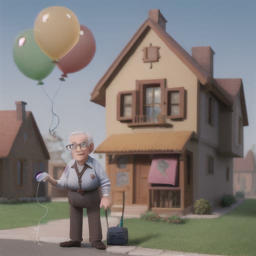  a brave, elderly gentleman with square glasses and balloons attached to his house,ultra-detailed , 8k,best quality