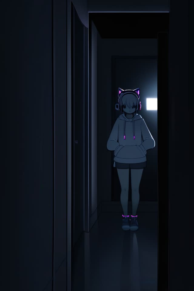  Shortcut, headphones, cat ears dark room, hoodie