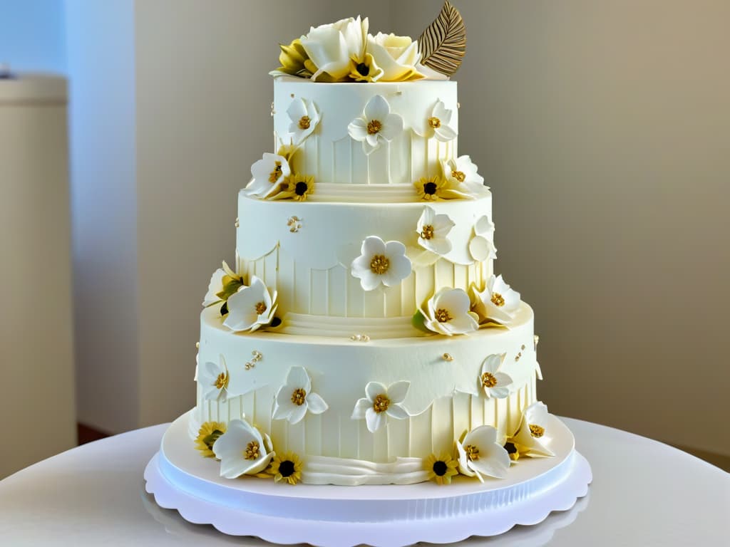  A closeup, photorealistic image of an intricately decorated tiered cake, showcasing exquisite piping work, delicate sugar flowers, and shimmering edible gold accents. The cake is displayed on a pristine white cake stand against a soft, blurred background, emphasizing the artistry and skill involved in advanced pastry techniques. hyperrealistic, full body, detailed clothing, highly detailed, cinematic lighting, stunningly beautiful, intricate, sharp focus, f/1. 8, 85mm, (centered image composition), (professionally color graded), ((bright soft diffused light)), volumetric fog, trending on instagram, trending on tumblr, HDR 4K, 8K