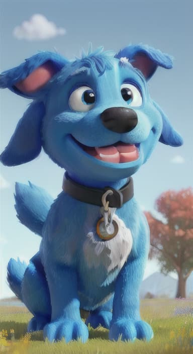  {A happy, big blue dog wagging its tail in a colorful meadow, The big blue dog is large with sky blue fur, big round eyes, a black nose, and floppy ears.