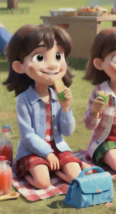  {Kids sitting around a picnic blanket, enjoying juice boxes and snacks., Children happily eating snacks, with crumbs on their faces and big smiles.