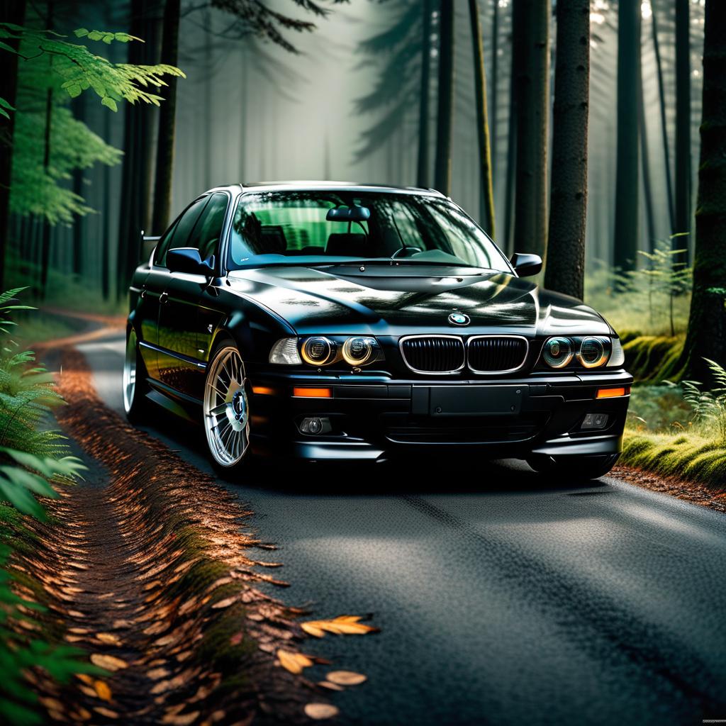  A black BMW E39 is resting on a forest road in the woods. hyperrealistic, full body, detailed clothing, highly detailed, cinematic lighting, stunningly beautiful, intricate, sharp focus, f/1. 8, 85mm, (centered image composition), (professionally color graded), ((bright soft diffused light)), volumetric fog, trending on instagram, trending on tumblr, HDR 4K, 8K