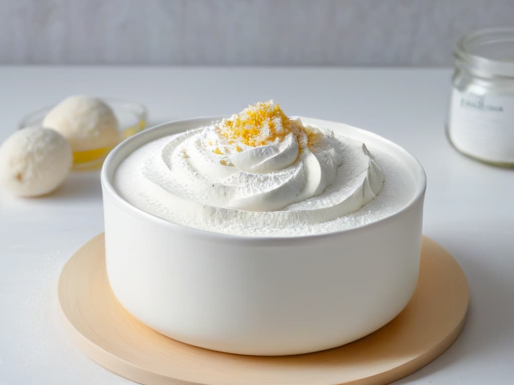  A closeup, minimalist image of a pristine white ceramic bowl filled with fine, fluffy, aluminumfree baking powder, with soft natural light delicately highlighting the texture of the powder. The focus is on the purity and quality of the product, showcasing it as a key ingredient in healthy and delicious baking recipes. hyperrealistic, full body, detailed clothing, highly detailed, cinematic lighting, stunningly beautiful, intricate, sharp focus, f/1. 8, 85mm, (centered image composition), (professionally color graded), ((bright soft diffused light)), volumetric fog, trending on instagram, trending on tumblr, HDR 4K, 8K