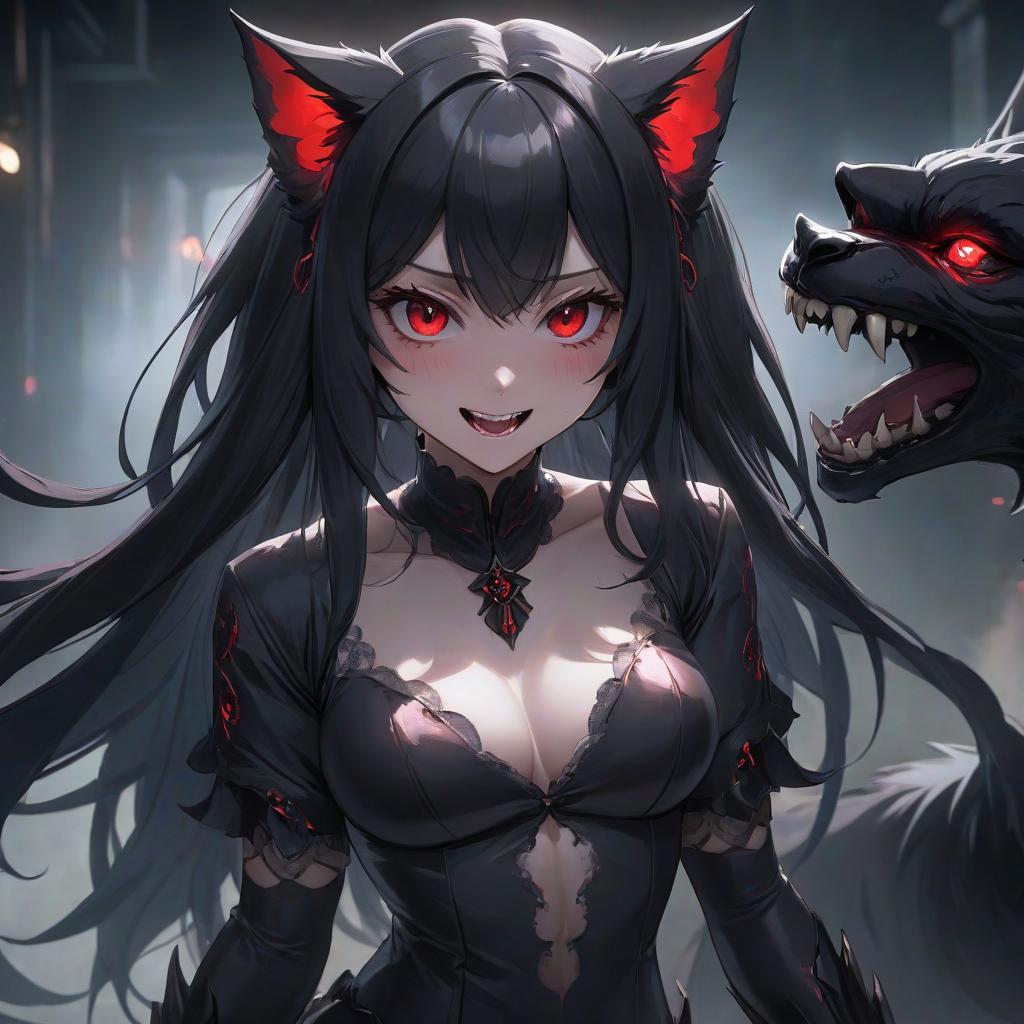  a close up of a person with red eyes, yandere intricate, dark. no text, black border, evil laugh, by An Zhengwen, aliased, mp7, scary angry pose, kali, dog teeth, long black shiny hair, f/9, alien queen, removed watermarks hyperrealistic, full body, detailed clothing, highly detailed, cinematic lighting, stunningly beautiful, intricate, sharp focus, f/1. 8, 85mm, (centered image composition), (professionally color graded), ((bright soft diffused light)), volumetric fog, trending on instagram, trending on tumblr, HDR 4K, 8K