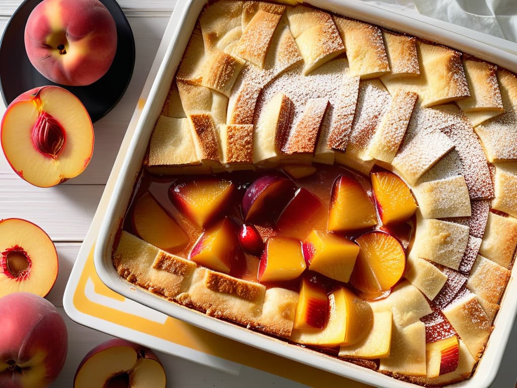  An ultradetailed closeup image of a freshly baked peach cobbler, showing the goldenbrown crust with sugar sprinkles glistening under warm, soft peaches cascading down the sides of the dish. The image captures the steam rising from the dessert, hinting at the delectable aroma of cinnamon and baked fruit. Each peach slice is perfectly caramelized, and the flaky crust is slightly cracked, giving a mouthwatering texture. The background showcases a rustic kitchen setting with a vintage floral tablecloth, a wooden spoon, and a scattering of fresh peach pits, completing the inviting and homely atmosphere. hyperrealistic, full body, detailed clothing, highly detailed, cinematic lighting, stunningly beautiful, intricate, sharp focus, f/1. 8, 85mm, (centered image composition), (professionally color graded), ((bright soft diffused light)), volumetric fog, trending on instagram, trending on tumblr, HDR 4K, 8K