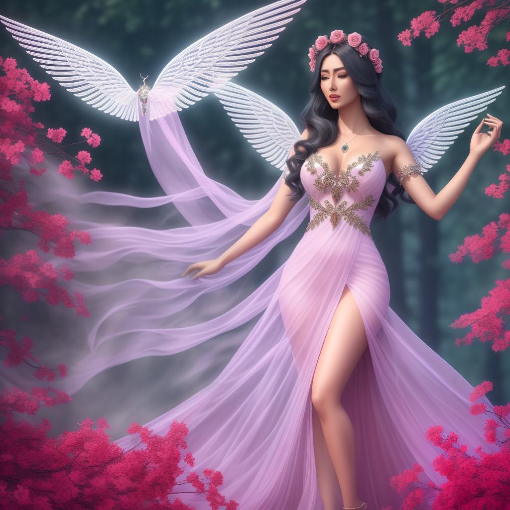  Create a 32k ultra-high-detail image of an ethereal being with delicate wings, a glowing halo. She wears beautiful translucent red dress decorated with ruby and jewelry. She holds a radiant rose, surrounded by a mystic forest backdrop. Her celestial aura should be captured in a photorealistic style, making it a clear, vivid masterpiece., fantasy art, hyper detailed, beautiful, (high detailed skin:1.2), 8k uhd, dslr, soft lighting, high quality, film grain, Fujifilm XT3 hyperrealistic, full body, detailed clothing, highly detailed, cinematic lighting, stunningly beautiful, intricate, sharp focus, f/1. 8, 85mm, (centered image composition), (professionally color graded), ((bright soft diffused light)), volumetric fog, trending on instagram, trending on tumblr, HDR 4K, 8K