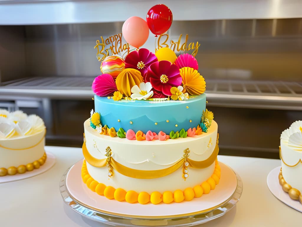  A vibrant and whimsical birthday cake featuring multiple tiers adorned with colorful fondant balloons, intricate sugar flowers, and edible gold leaf details. The cake is displayed on a crystalclear acrylic stand, set against a backdrop of a softfocus bakery kitchen filled with bustling bakers crafting more delightful confections. The image captures the essence of creativity, celebration, and sweetness, making it a perfect visual representation for the article on showstopping birthday cakes that will mesmerize young partygoers. hyperrealistic, full body, detailed clothing, highly detailed, cinematic lighting, stunningly beautiful, intricate, sharp focus, f/1. 8, 85mm, (centered image composition), (professionally color graded), ((bright soft diffused light)), volumetric fog, trending on instagram, trending on tumblr, HDR 4K, 8K