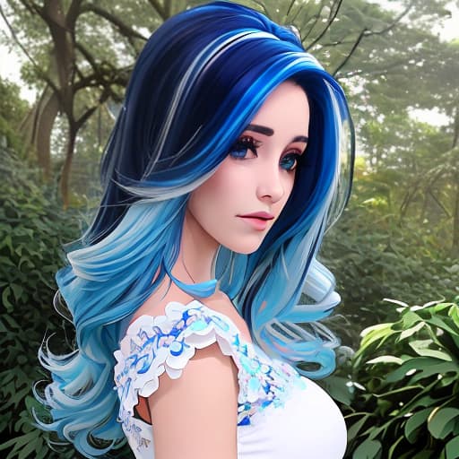  garota de cabelos mechas azul preto e branco longos com vestido branco na floresta com rosas brancas e vermelhas