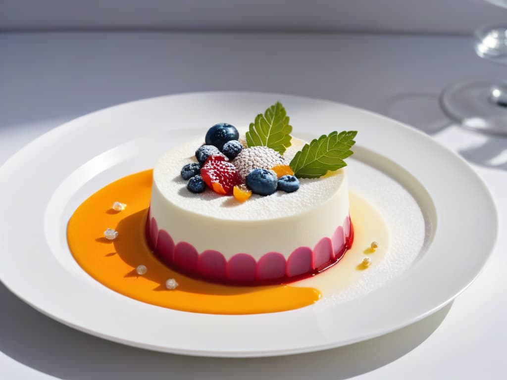  A detailed closeup image of a delicate, intricately designed molecular gastronomy dessert plated on a modern, sleek white dish. The dessert features vibrant colors and unique shapes, showcasing the fusion of molecular gastronomy techniques with vegan ingredients. The background is a soft blur, emphasizing the artistry and precision of the dessert. hyperrealistic, full body, detailed clothing, highly detailed, cinematic lighting, stunningly beautiful, intricate, sharp focus, f/1. 8, 85mm, (centered image composition), (professionally color graded), ((bright soft diffused light)), volumetric fog, trending on instagram, trending on tumblr, HDR 4K, 8K