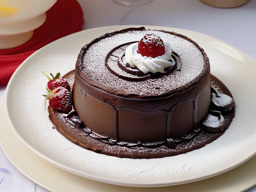  An intricate closeup image of a decadent chocolate lava cake with a glossy exterior, oozing warm molten chocolate from its center. The cake is elegantly garnished with a dusting of powdered sugar, a scoop of velvety vanilla ice cream melting slightly on the side, and a few fresh raspberries artfully placed around the plate. The play of light and shadows highlights the textures and colors, showcasing the indulgent yet tempting nature of desserts high in trans fats. hyperrealistic, full body, detailed clothing, highly detailed, cinematic lighting, stunningly beautiful, intricate, sharp focus, f/1. 8, 85mm, (centered image composition), (professionally color graded), ((bright soft diffused light)), volumetric fog, trending on instagram, trending on tumblr, HDR 4K, 8K