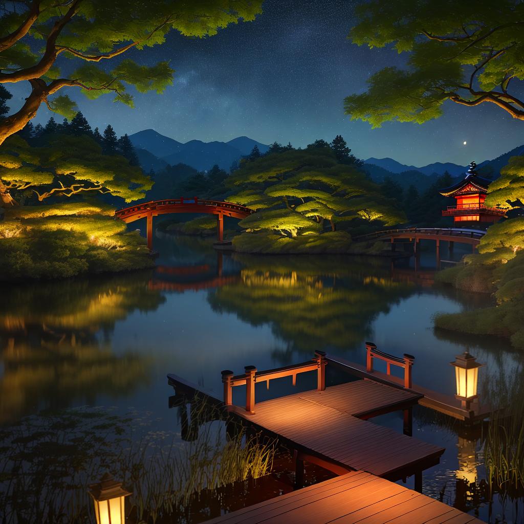  masterpiece, best quality, (Fidelity: 1.4), Best Quality, Masterpiece, Ultra High Resolution, 8k resolution, A night view inspired by Japanese art, featuring a garden illuminated by paper lanterns and a wooden bridge spanning a tranquil lake, by the lakeside, there is a small Zen temple. The water reflects the starry sky.