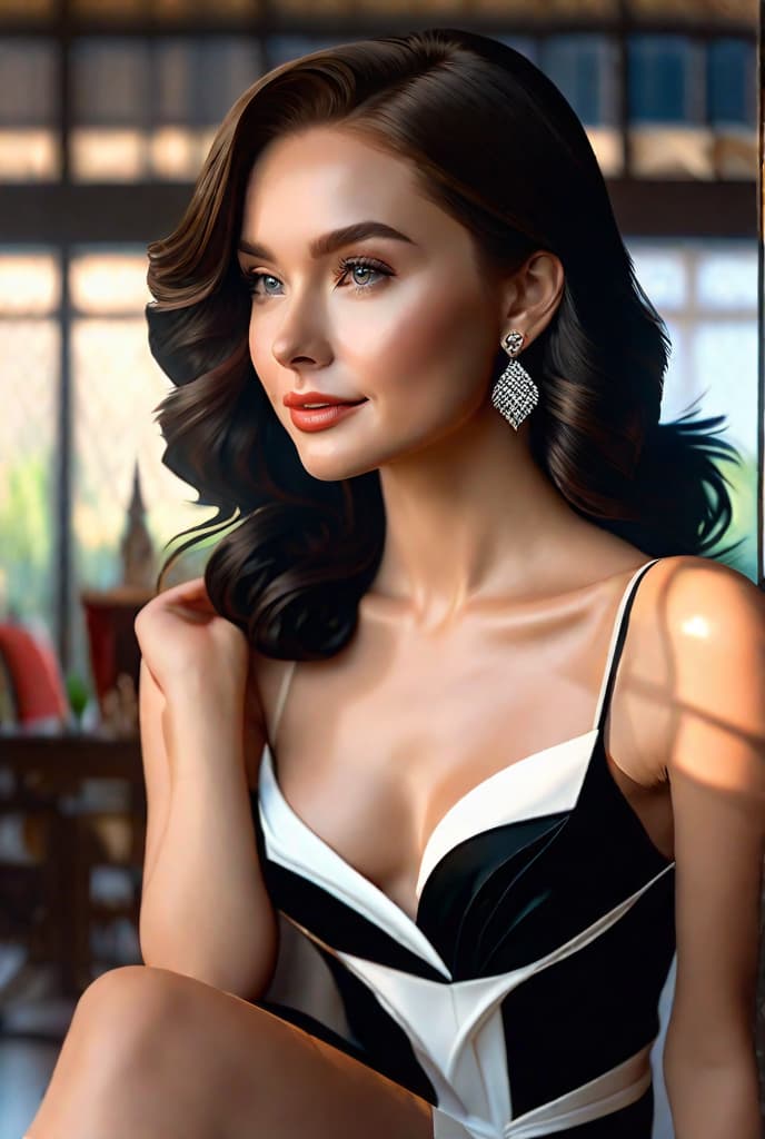  masterpiece, best quality, best picture quality, realistic portrait, female, delicate features,(middle hair 1.2), black shawl (full body:1.5), see-through halter top, thin shorts, indoor, morning light, standing in front of window