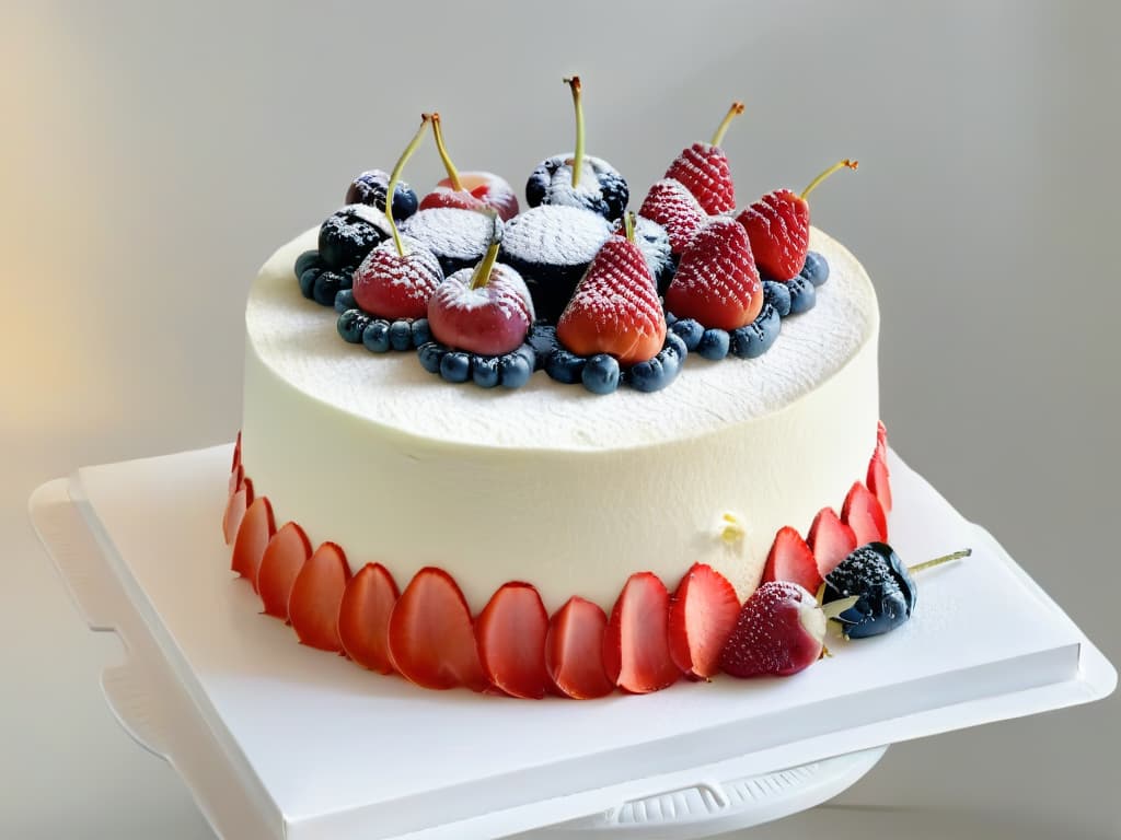  A minimalist and elegant image of a beautifully decorated sugarfree cake, adorned with fresh berries and a light dusting of powdered erythritol, placed on a pristine white cake stand. The cake is intricately detailed, showcasing intricate piping work and delicate decorations that highlight its appeal. The background is softly blurred to keep the focus on the exquisite dessert, creating a visually appealing and appetizing image that perfectly complements the article's theme of healthy diabeticfriendly baking. hyperrealistic, full body, detailed clothing, highly detailed, cinematic lighting, stunningly beautiful, intricate, sharp focus, f/1. 8, 85mm, (centered image composition), (professionally color graded), ((bright soft diffused light)), volumetric fog, trending on instagram, trending on tumblr, HDR 4K, 8K