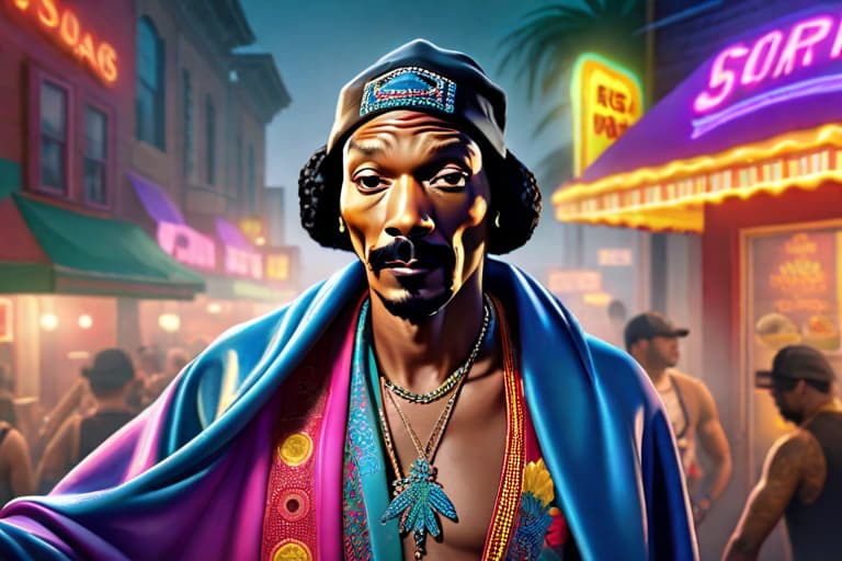  Snoop Dog eat tacos hyperrealistic, full body, detailed clothing, highly detailed, cinematic lighting, stunningly beautiful, intricate, sharp focus, f/1. 8, 85mm, (centered image composition), (professionally color graded), ((bright soft diffused light)), volumetric fog, trending on instagram, trending on tumblr, HDR 4K, 8K