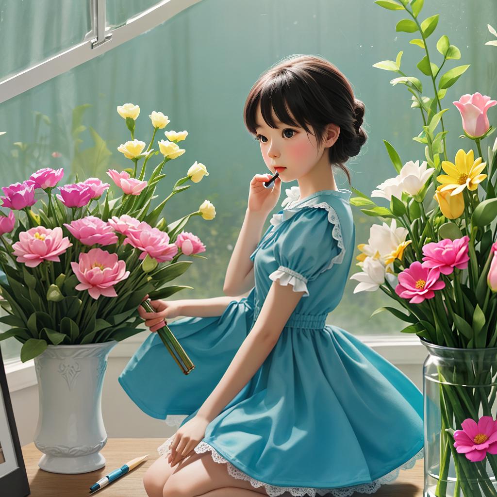  in claymation style, A charming scene unfolds as a girl delicately places vibrant flowers into an enchanting crayon-rendered vase.