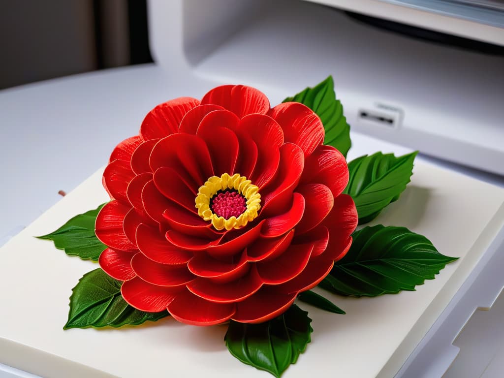  A closeup, ultradetailed image of a delicate, intricate sugar flower being meticulously crafted layer by layer using a cuttingedge 3D printer specifically designed for pastry decoration. The vibrant colors and intricate details of the flower are captured with such precision that each petal and leaf appear lifelike, showcasing the advanced capabilities of 3D printing technology in the realm of sustainable pastry artistry. hyperrealistic, full body, detailed clothing, highly detailed, cinematic lighting, stunningly beautiful, intricate, sharp focus, f/1. 8, 85mm, (centered image composition), (professionally color graded), ((bright soft diffused light)), volumetric fog, trending on instagram, trending on tumblr, HDR 4K, 8K