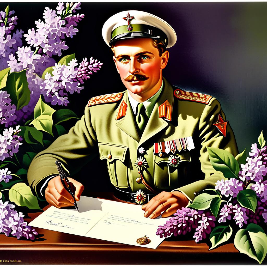  Advertising poster style Victory Day, russian soldier, postcard, covert, letter, salute, lilacs, 1945 May, spring. . Professional, modern, product focused, commercial, eye catching, highly detailed hyperrealistic, full body, detailed clothing, highly detailed, cinematic lighting, stunningly beautiful, intricate, sharp focus, f/1. 8, 85mm, (centered image composition), (professionally color graded), ((bright soft diffused light)), volumetric fog, trending on instagram, trending on tumblr, HDR 4K, 8K