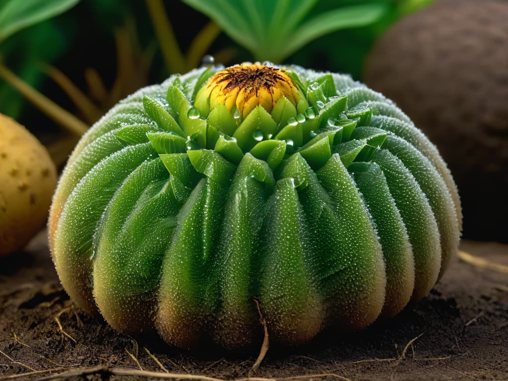  A photorealistic closeup image of a freshly harvested yacón tuber, showcasing its unique shape, earthy texture, and golden skin covered in droplets of dew. The natural lighting highlights the intricate details of the tuber, emphasizing its organic origins and the promise of sweetness it holds within. hyperrealistic, full body, detailed clothing, highly detailed, cinematic lighting, stunningly beautiful, intricate, sharp focus, f/1. 8, 85mm, (centered image composition), (professionally color graded), ((bright soft diffused light)), volumetric fog, trending on instagram, trending on tumblr, HDR 4K, 8K