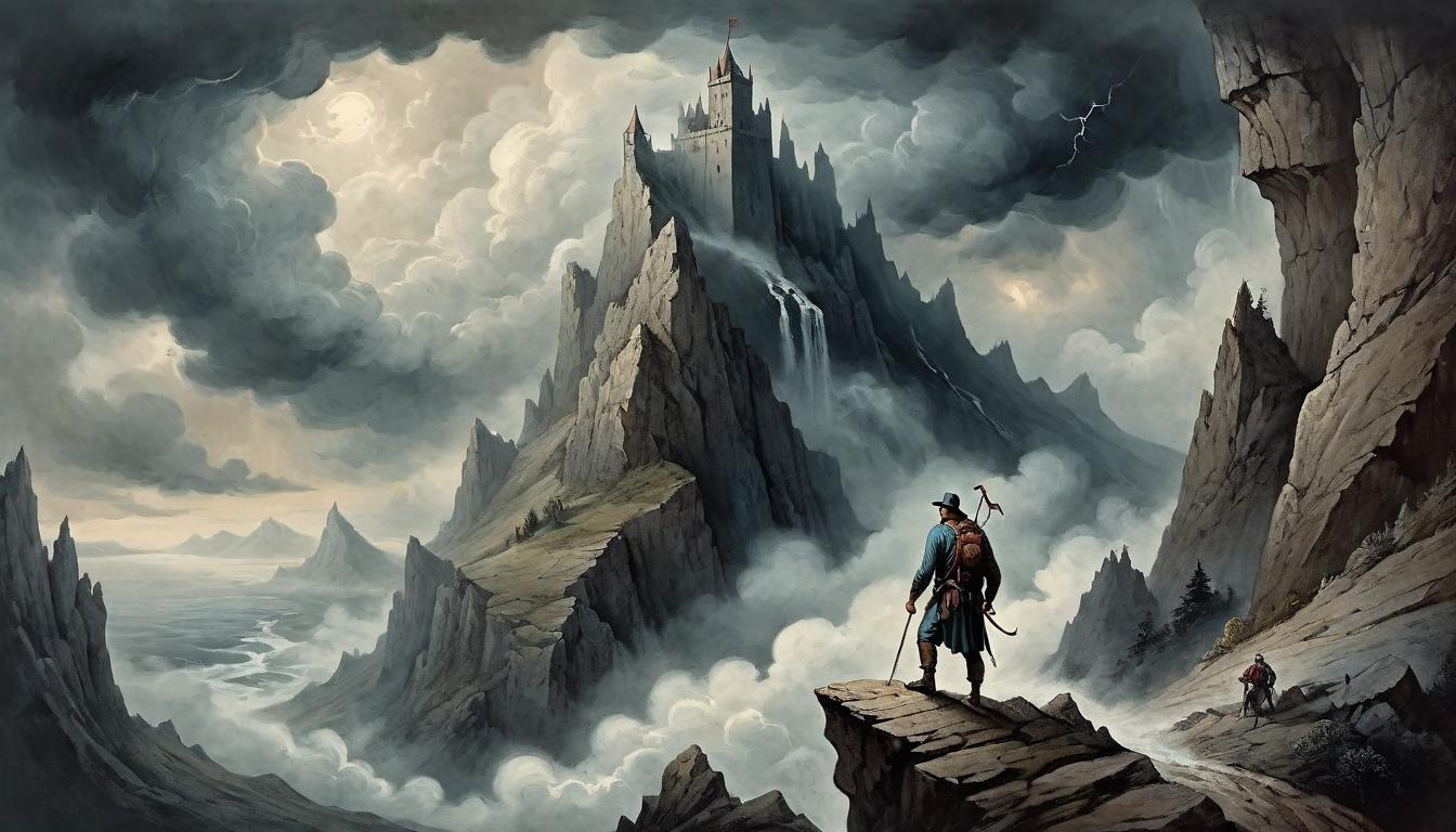  on parchment, surrealism+++, A climber reaching the peak of a treacherous cliff, with storm clouds gathering, test of strength, perseverance(mysterious, provocative, symbolic,muted color)+++