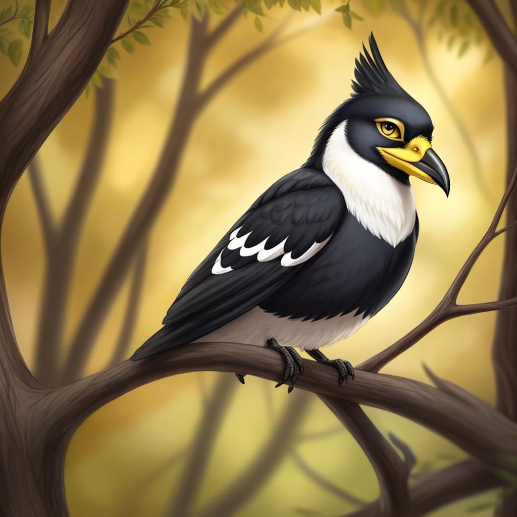  yellow-billed magpie, holarctic magpie, magpie (corvid) , gryphon, yellow beak, (yellow undereye circles:1,4), open eyes, digital art, masterpiece, 4k, fine details,