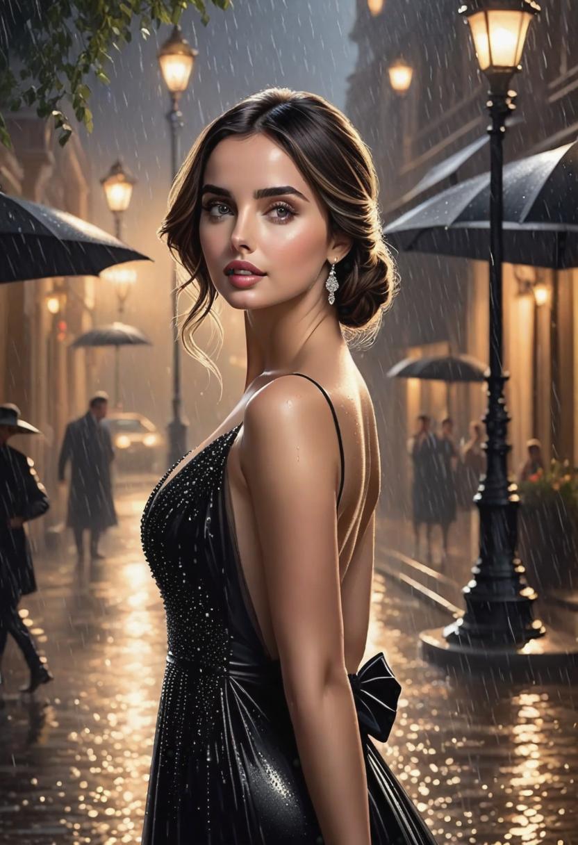  1. Ana De Armas, dressed in an elegant black evening gown, stands under a dimly lit street lamp on a rainy night, a cascade of droplets glistening on her flawless complexion. The realism in her expression captures a subtle sense of longing and mystery, hinting at a hidden narrative waiting to unfold.

2. Bathed in soft, natural sunlight, Ana De Armas sits on a worn wooden park bench, surrounded by a lush garden bursting with vibrant flowers. The realism in the scene highlights the delicate details of her flowing summer dress and the gentle breeze gently rustling her hair, evoking a serene and timeless beauty.

3. With a hint of a smile playing on her lips, Ana De Armas leans against a weathered brick wall in an alleyway, the faint glow of a hyperrealistic, full body, detailed clothing, highly detailed, cinematic lighting, stunningly beautiful, intricate, sharp focus, f/1. 8, 85mm, (centered image composition), (professionally color graded), ((bright soft diffused light)), volumetric fog, trending on instagram, trending on tumblr, HDR 4K, 8K