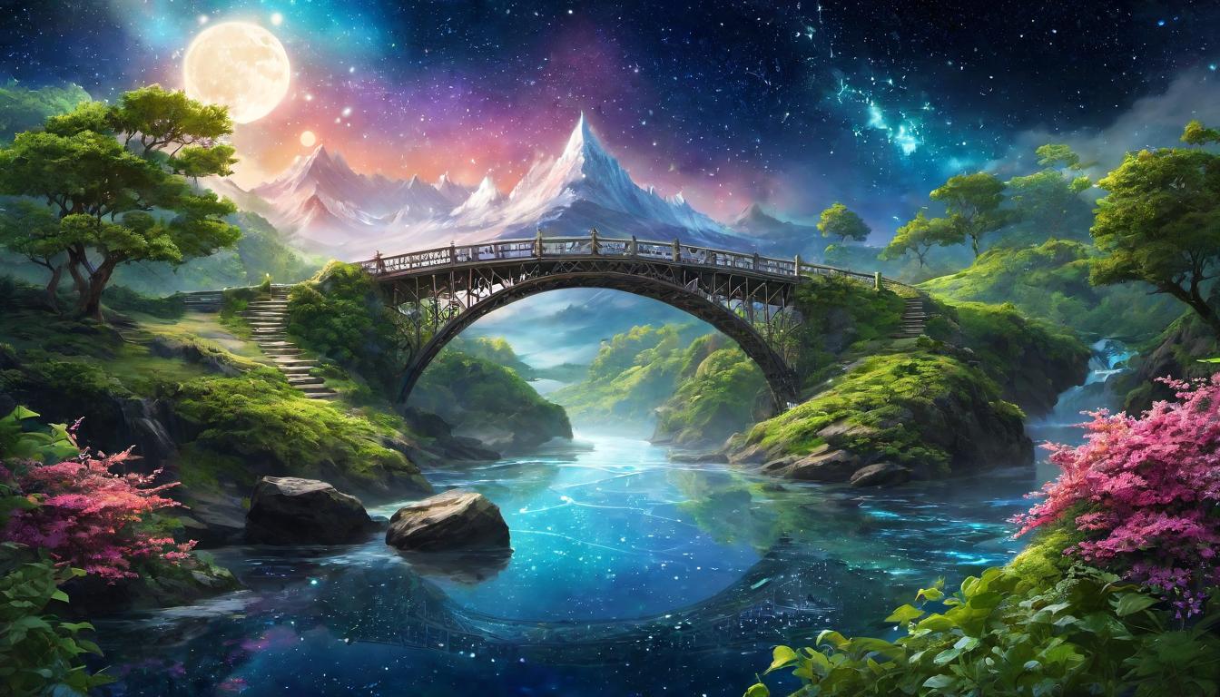  digital illustration, Bridge between two realms, ethereal and earthly, starry cosmos blending into a lush landscape, celestial and natural elements intertwining, mystical, unifying, looking at viewer, dynamic pose, (intricate details, masterpiece, best quality)