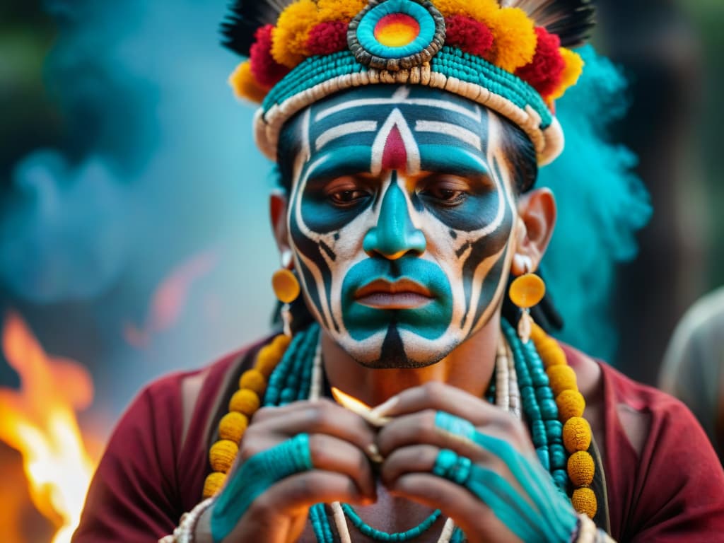  An ultradetailed closeup image of a Maya shaman performing a traditional healing ritual, surrounded by burning copal resin and vibrant ceremonial textiles, with intricate patterns painted on his face and intricate beaded jewelry adorning his hands. The shaman's intense concentration is visible as he connects with the spiritual realm, creating a mesmerizing scene that captures the essence of ancient Maya healing practices. hyperrealistic, full body, detailed clothing, highly detailed, cinematic lighting, stunningly beautiful, intricate, sharp focus, f/1. 8, 85mm, (centered image composition), (professionally color graded), ((bright soft diffused light)), volumetric fog, trending on instagram, trending on tumblr, HDR 4K, 8K