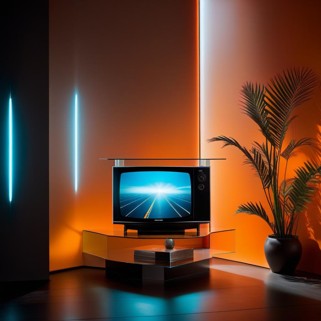  cinematic photo A glass transparent suspended shelf above a television spanning the entire wall in a futuristic style with orange backlighting. . 35mm photograph, film, bokeh, professional, 4k, highly detailed hyperrealistic, full body, detailed clothing, highly detailed, cinematic lighting, stunningly beautiful, intricate, sharp focus, f/1. 8, 85mm, (centered image composition), (professionally color graded), ((bright soft diffused light)), volumetric fog, trending on instagram, trending on tumblr, HDR 4K, 8K