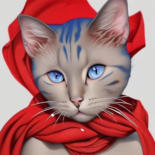  Short-haired beige cat, with dark ear tips, and dark burst spots on the head region, with blue and crossed eyes, with big cheeks, wearing a red scarf.