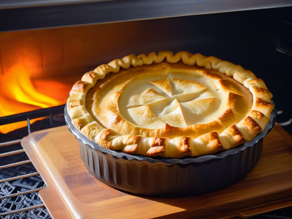  A serene and elegant image of a golden, flaky pie crust emerging perfectly baked from the oven, with a subtle hint of steam rising from its surface. The crust is perfectly crimped and glistens under a gentle brush of melted butter, conveying a sense of warmth and wholesomeness. The background is a soft focus kitchen setting, with a hint of a rustic wooden table and a vintage oven in the backdrop, adding a touch of nostalgia and authenticity to the scene. hyperrealistic, full body, detailed clothing, highly detailed, cinematic lighting, stunningly beautiful, intricate, sharp focus, f/1. 8, 85mm, (centered image composition), (professionally color graded), ((bright soft diffused light)), volumetric fog, trending on instagram, trending on tumblr, HDR 4K, 8K