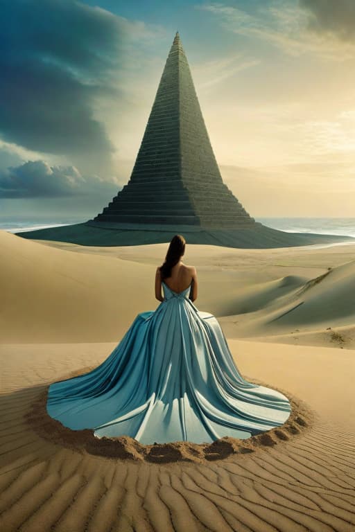  Artwork as created by Storm Thorgerson a woman in a dress sitting on the sand, a matte painting Peter Blume, fantasy art, surreal matte painting, beksinski style painting, fantasy photography, cinematic, masterpiece, studio quality, sharp focus, intricate, elegant, digital painting, hyper realistic, concept art, illustration, unreal engine 5, 8k, hd, hdr, trending on artstation, smooth, sharp foccus ilustration, digital illustration, character portrait, close up, ultra realistic, wide angle, zenith view, sharp focus on eyes hyperrealistic, full body, detailed clothing, highly detailed, cinematic lighting, stunningly beautiful, intricate, sharp focus, f/1. 8, 85mm, (centered image composition), (professionally color graded), ((bright soft diffused light)), volumetric fog, trending on instagram, trending on tumblr, HDR 4K, 8K