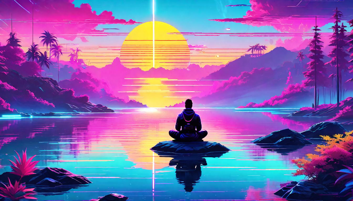  vaporwave,cyberpunk game style A sunrise over a peaceful lake, a single figure meditating on the shore. Dawn of self care, Serenity embraced, Solitude for rejuvenation, Tranquil mindfulness.eon, dystopian, futuristic, digital, vibrant, detailed, high contrast, reminiscent of cyberpunk genre video games,retro aesthetic, cyberpunk, vibrant, neon colors, vintage 80s and 90s style, highly detailed