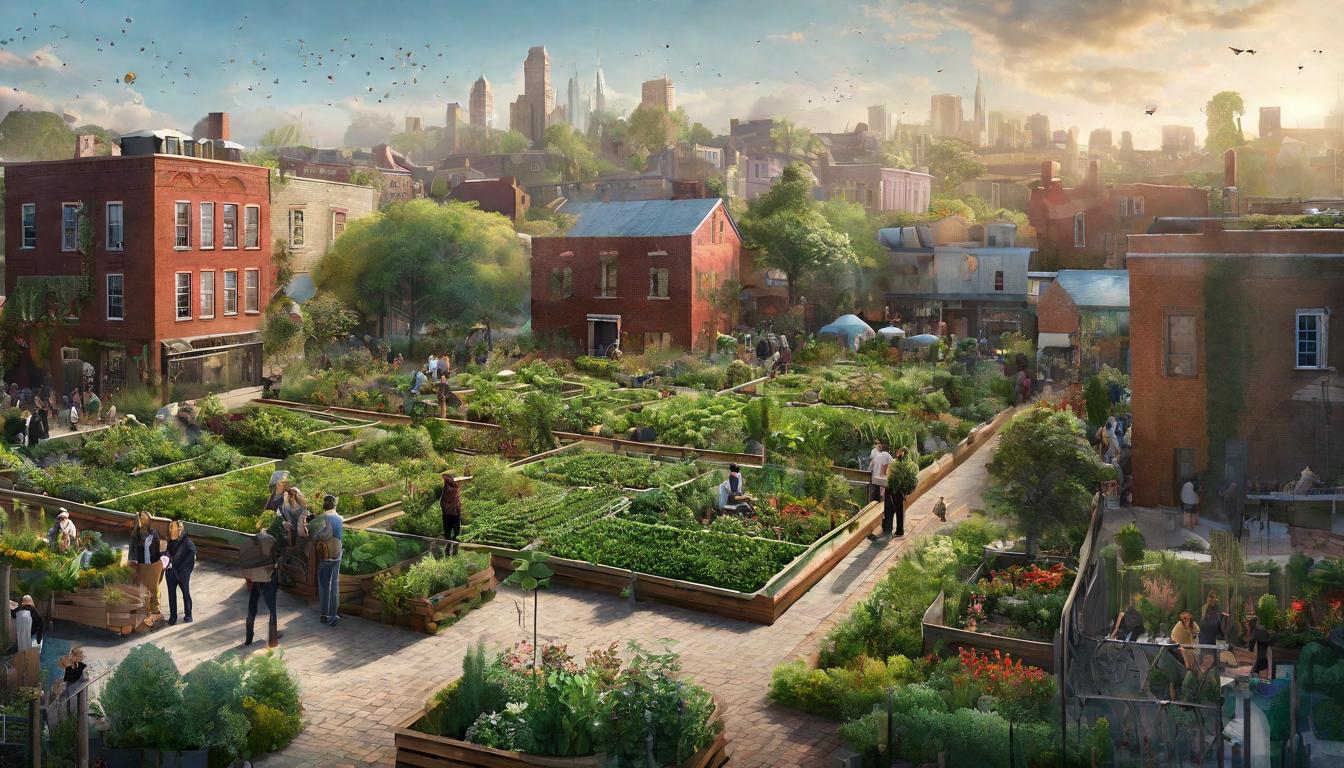  （surrealism)+++A community garden thriving in the midst of urban architecture, people of all ages tending to plants, abundance in shared effort looking at viewer,(intricate details, masterpiece, best quality)++