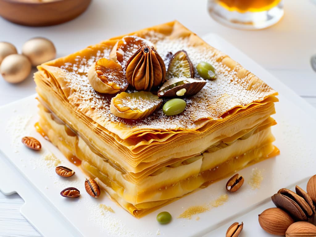  A closeup, ultradetailed image of layers upon layers of flaky phyllo pastry generously filled with a mixture of finely chopped nuts and aromatic spices, soaked in a golden honey syrup, displayed on a pristine white plate. The intricate textures of the crisp pastry, the crunchy nuts, and the glistening honey combine to create a visually stunning and mouthwatering representation of authentic Greek baklava. hyperrealistic, full body, detailed clothing, highly detailed, cinematic lighting, stunningly beautiful, intricate, sharp focus, f/1. 8, 85mm, (centered image composition), (professionally color graded), ((bright soft diffused light)), volumetric fog, trending on instagram, trending on tumblr, HDR 4K, 8K