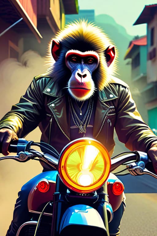  Psychedelic drawing with baboon on motor bike smoke with marijuana in his mouth hyperrealistic, full body, detailed clothing, highly detailed, cinematic lighting, stunningly beautiful, intricate, sharp focus, f/1. 8, 85mm, (centered image composition), (professionally color graded), ((bright soft diffused light)), volumetric fog, trending on instagram, trending on tumblr, HDR 4K, 8K