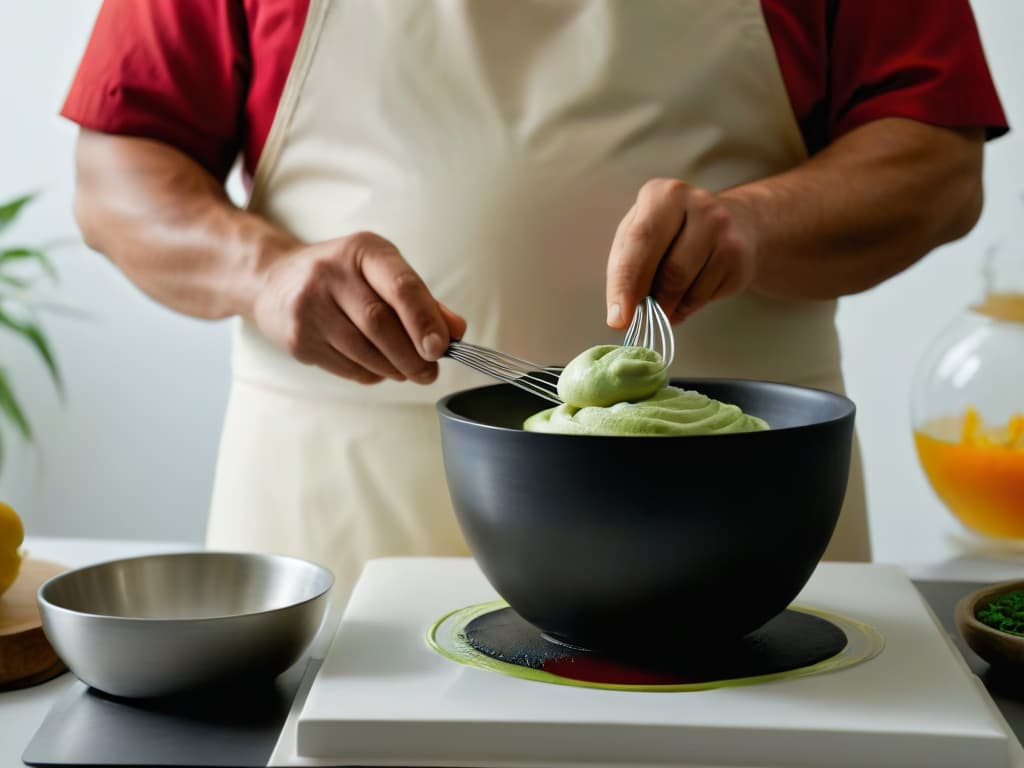  A minimalistic yet powerful image of a chef's hand with a disability expertly holding a whisk, mixing batter in a bowl. The focus is on the chef's determined expression and the graceful motion of the whisk blending ingredients, showcasing resilience and skill in adapting to challenges in the kitchen. The background is a soft, neutral tone to emphasize the chef's action and convey a sense of professionalism and inspiration. hyperrealistic, full body, detailed clothing, highly detailed, cinematic lighting, stunningly beautiful, intricate, sharp focus, f/1. 8, 85mm, (centered image composition), (professionally color graded), ((bright soft diffused light)), volumetric fog, trending on instagram, trending on tumblr, HDR 4K, 8K