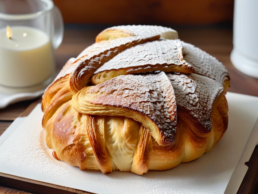  An ultradetailed closeup image of a perfectly golden and flaky croissant, fresh out of the oven. The croissant is delicately placed on a rustic wooden table, with a light dusting of powdered sugar on top, showcasing the intricate layers and buttery texture. The lighting is soft, highlighting the glossy sheen of the pastry, creating a visually enticing and mouthwatering composition that embodies the artistry and skill of pastry certification. hyperrealistic, full body, detailed clothing, highly detailed, cinematic lighting, stunningly beautiful, intricate, sharp focus, f/1. 8, 85mm, (centered image composition), (professionally color graded), ((bright soft diffused light)), volumetric fog, trending on instagram, trending on tumblr, HDR 4K, 8K