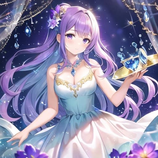  master piece , best quality,A pretty girl stands on a crystal clear glass cup. Sparkling water droplets and purple flowers float around her, against a pale blue background. Softly illuminated in a cartoon style, it features dreamy colors, pretty expressions, and delicate details.