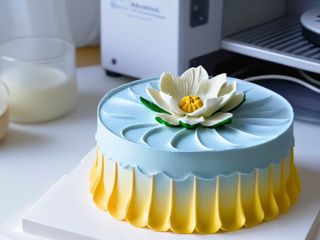  An ultradetailed image of a sleek, modern 3D printer in action, intricately crafting a delicate and ornate sugar flower decoration for a decadent cake. The printer's precise movements are highlighted, capturing the futuristic fusion of technology and artistry in the world of 3D printed pastry decorations. The image showcases the seamless integration of science and creativity in the realm of innovative dessert design, appealing to both the professional and aspiring bakers seeking inspiration in the realm of 3D printed confections. hyperrealistic, full body, detailed clothing, highly detailed, cinematic lighting, stunningly beautiful, intricate, sharp focus, f/1. 8, 85mm, (centered image composition), (professionally color graded), ((bright soft diffused light)), volumetric fog, trending on instagram, trending on tumblr, HDR 4K, 8K