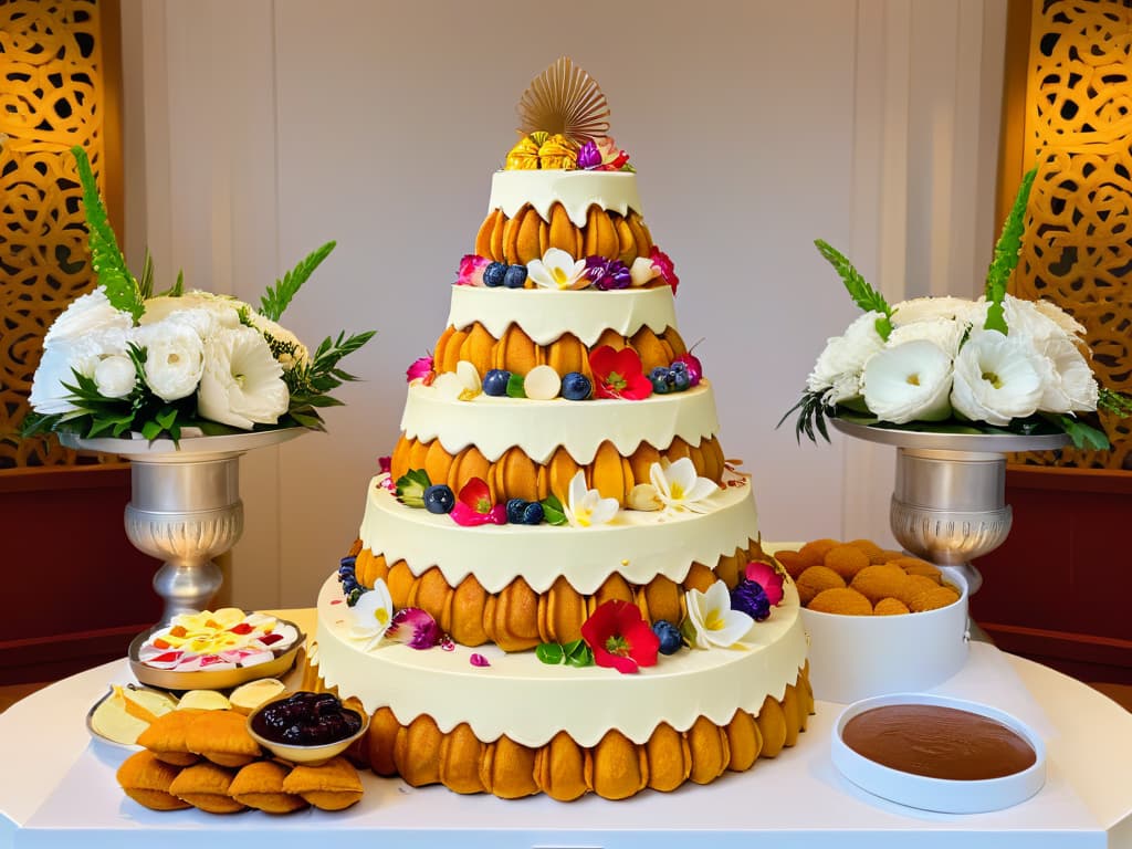  A closeup, highly detailed image of a delicate wedding dessert table featuring an array of traditional global wedding desserts beautifully arranged on elegant platters and stands. The desserts include a French croquembouche, a colorful Indian mithai display, a stack of Italian wedding cookies, a plate of Turkish baklava, a tray of Mexican churros, a Japanese mochi platter, a Scandinavian kransekake, and an American tiered wedding cake. The table is adorned with fresh flowers, candles, and subtle gold accents, adding an air of sophistication and cultural richness to the scene. Each dessert is meticulously crafted and meticulously arranged, showcasing the diversity and beauty of global wedding dessert traditions. hyperrealistic, full body, detailed clothing, highly detailed, cinematic lighting, stunningly beautiful, intricate, sharp focus, f/1. 8, 85mm, (centered image composition), (professionally color graded), ((bright soft diffused light)), volumetric fog, trending on instagram, trending on tumblr, HDR 4K, 8K