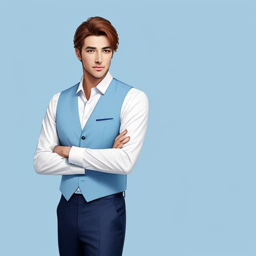  Generates a handsome, stylish business standing male figure with a light blue background fill,