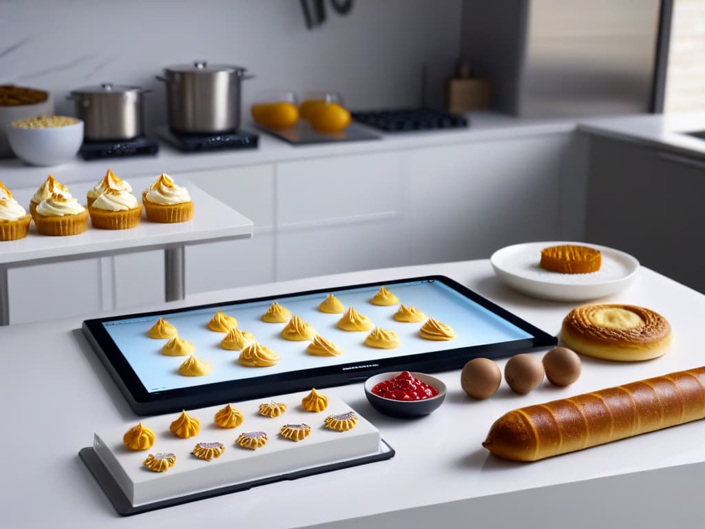  An ultradetailed illustration of a sleek, modern kitchen filled with various baking tools and ingredients neatly organized on pristine countertops. A beam of soft light illuminates a set of intricate pastry molds, while a digital tablet displaying online certification courses for pastry chefs rests on a marbletopped island. The image exudes a sense of professionalism and inspiration, showcasing the perfect blend of technology and traditional culinary elements in a minimalist aesthetic. hyperrealistic, full body, detailed clothing, highly detailed, cinematic lighting, stunningly beautiful, intricate, sharp focus, f/1. 8, 85mm, (centered image composition), (professionally color graded), ((bright soft diffused light)), volumetric fog, trending on instagram, trending on tumblr, HDR 4K, 8K