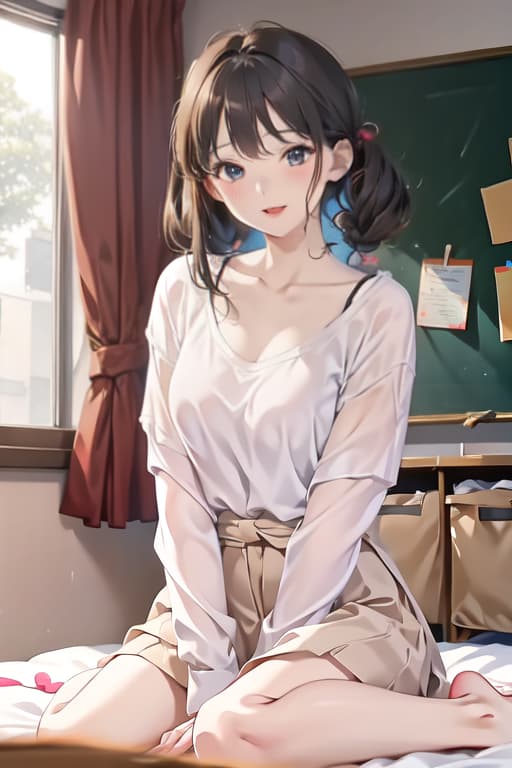  Masterpiece,1girl, parted lips, blush, makeup, light smile, uniform, classroom, light rays, glow,, collarbone, narrow waist, (masterpiece), wallpaper, sheer shirt, uncensored and hips, full body