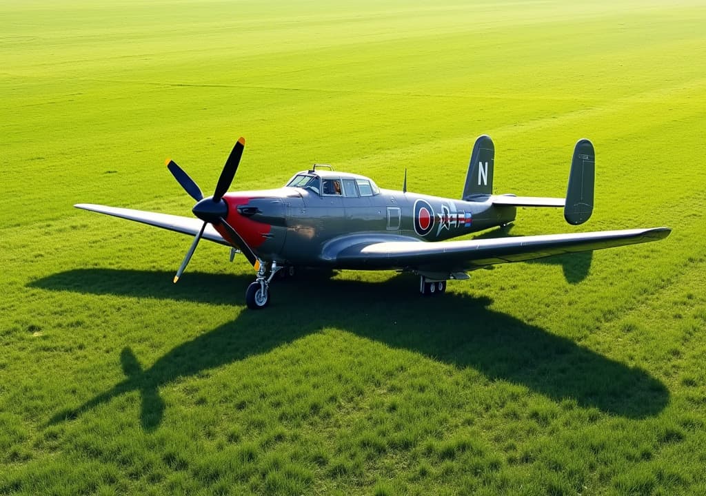  good quality, high quality, shadow of a wwii fighter prop plane on the ground, green field